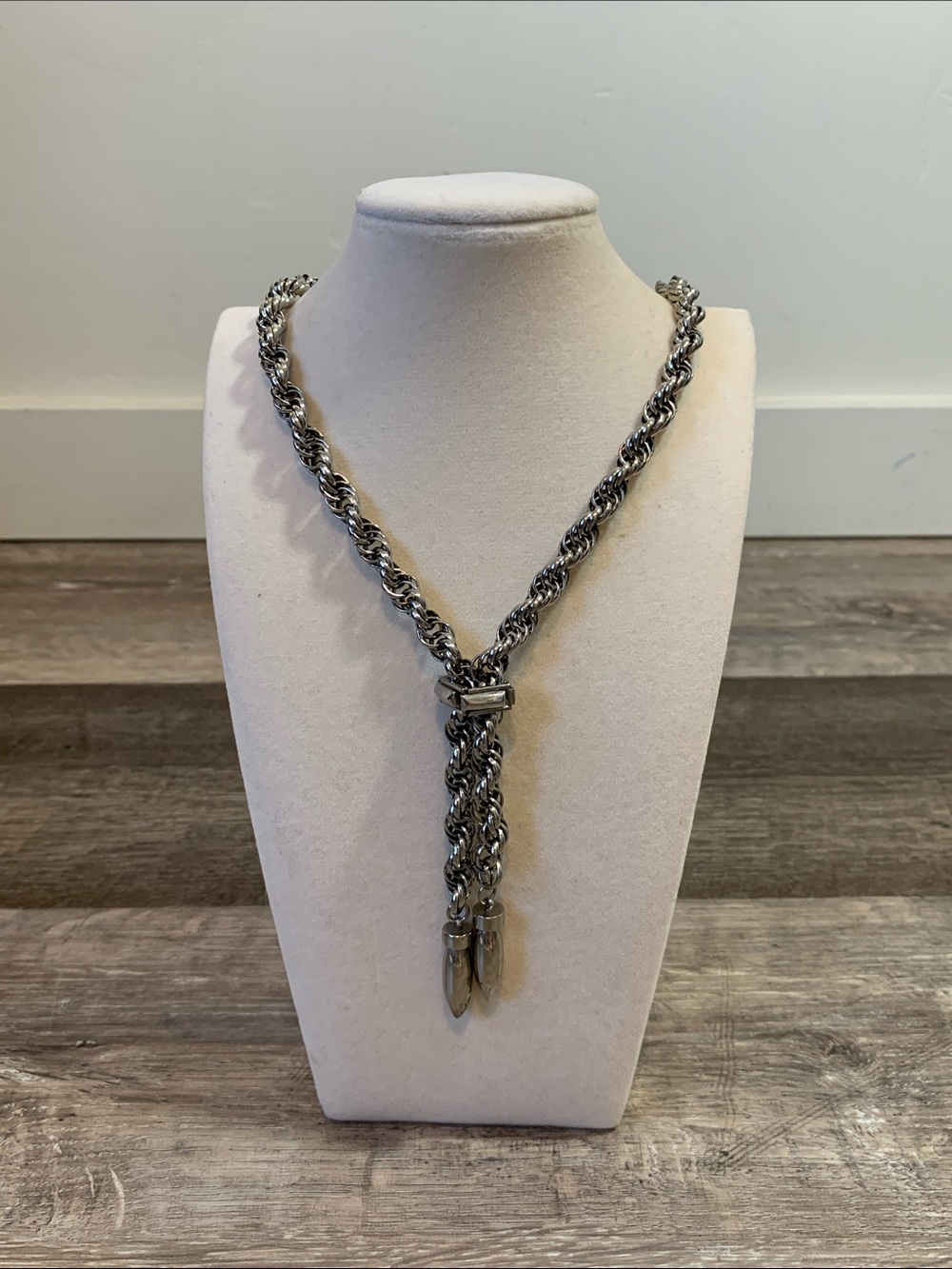 Silver Tone  Rope Lariat Necklace with Double Tassels